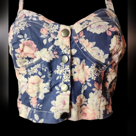 Nollie Floral Print Denim Bustier Large Festval Girlhoodcore boho Cowgirl Indie - Picture 2 of 12